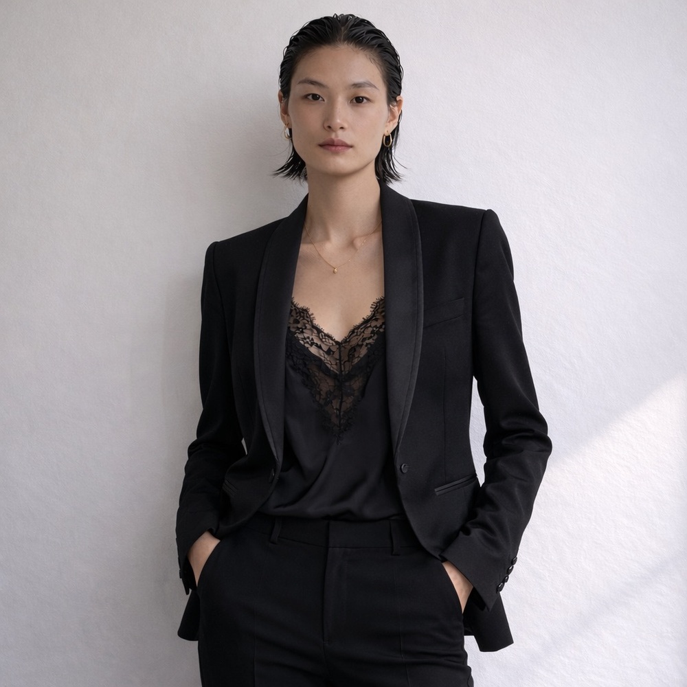 5CM Wool Blend Satin Shawl Lapel Tuxedo Blazer Size 4